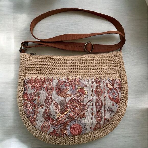Sakroots Bohemian Crochet Zip Closure Adjustable Crossbody Neutral Tan Blue - Picture 2 of 10